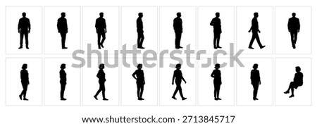 Middle Aged Adults Walking and Sitting Silhouettes Set, Everyday Life Movements