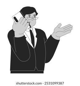 Homem árabe de meia-idade falando no telefone preto e branco personagem linha 2D. Óculos do Oriente Médio gerente de negócios chamar fazendo isolado vetor pessoa contorno. Ilustração de ponto monocromático