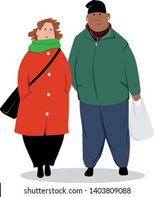 Middle aged biracial couple in winter clothes standing, isolated on white, EPS 8 vector illustration	
