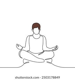 middle aged brown haired man sitting in lotus position - one line art vector. yoga class concept. Handmade vector not AI