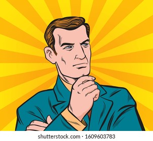 Middle aged business man is thinking. pop art retro vector illustration 