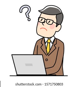 a middle aged businessman at the computer thinking about a solution to a question