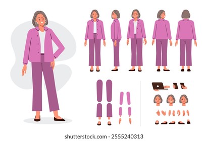 Middle aged casual woman character. Constructor for animation. Front, side and back view set. Body parts, postures, poses collection. Vector illustration.