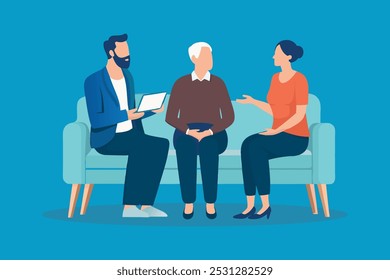 Middle aged couple and a counselor having a conversation in the lobby isolated flat vector illustration