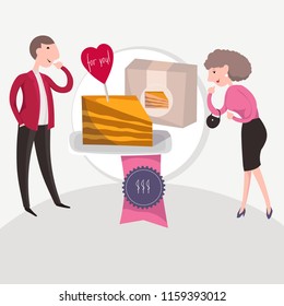 A middle aged couple look at the pesce of sweet cake and want to buy it. Husband and wife taste peace of honey cake in pastry department. Vector illustration in somple cute cartoon design.