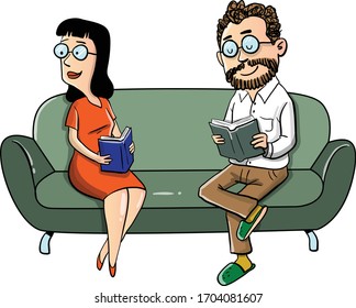 A middle aged couple sitting on a couch reading their favorite book