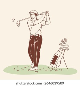 Middle aged golfer swinging a club on green grass in doodle style. Hand drawn vector scene for golf themed projects, apps.