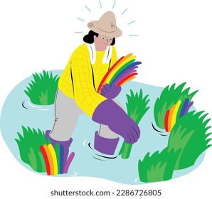 A middle aged LGBT agriculture farmer collecting a  rainbow like eye of rice. Black hair person in yellow stripe shirt working in field. A symbol of Gender Diversity. Queer people.qu