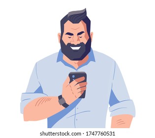 Middle aged man with beard holding smartphone. Male character with mobile phone in hands. Online communication concept. Vector illustration.