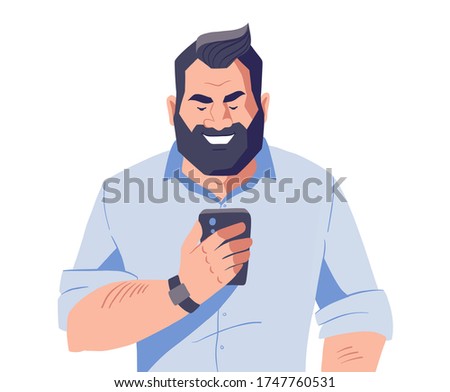 Middle aged man with beard holding smartphone. Male character with mobile phone in hands. Online communication concept. Vector illustration.
