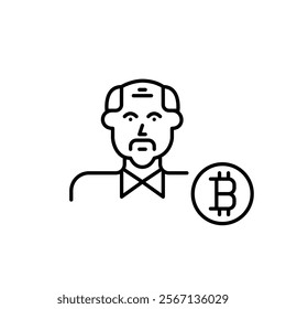 Middle aged man and bitcoin symbol. Cryptocurrency users of all ages. Accessibility for all demographics. Pixel perfect, editable stroke icon