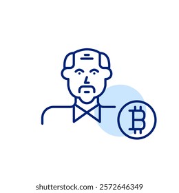 Middle aged man and bitcoin symbol. Cryptocurrency users of all ages. Accessibility for all demographics. Pixel perfect vector icon