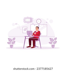 Hombre de mediana edad aburrido trabajando frente a la computadora sintiéndose cansado. Trabajador estresado. Aburrido concepto de trabajo. Ilustración plana vectorial moderna de tendencia