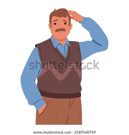 Middle aged man cartoon character scratching head showcasing confusion and doubt feeling troubles with making decision portrait isolated on white. People obsessive thoughts vector illustration