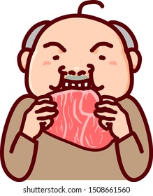 
Middle aged man eating raw meat.