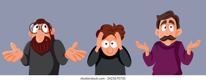 
Middle Aged Man Feeling Confused and Puzzled Vector Characters. Unsure guys feeling hesitant being clueless and surprised 
