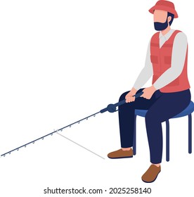 Middle aged man fishing with rod semi flat color vector character. Full body person on white. Fishing competition isolated modern cartoon style illustration for graphic design and animation