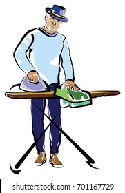 Middle Aged Man Ironing While Wearing A Fedora, Sweatshirt And Sweat Pants.