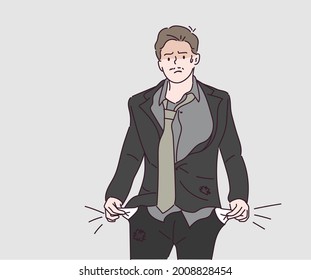 Middle aged man show empty pants pockets, he has no money. Hand drawn in thin line style, vector illustrations.