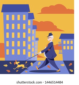 A middle aged man in a suit walks outdoors with his dog on an autumn evening in the park. Flat concept illustration of people with pets outside in blue color.