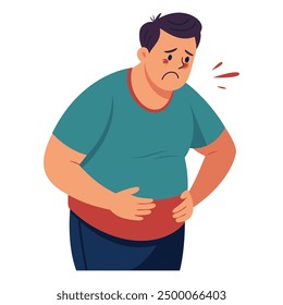 A middle aged man touching his belly, health care vector illustration, patient, doctor, pain in belly