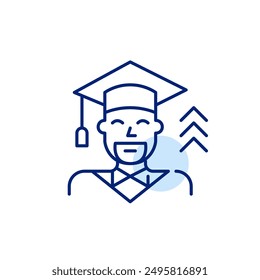 Middle aged man wearing graduation hat and gown and arrows up. Ongoing personal growth and benefits of continuous education. Pixel perfect, editable stroke icon