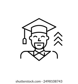 Middle aged man wearing graduation hat and gown and arrows up. Ongoing personal growth and benefits of continuous education. Pixel perfect vector icon