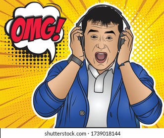 a middle aged man wearing headphones, hands on the headphone with a mouth opened, excited expression