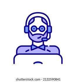 Middle aged man wearing a headset and working as a call center agent at a laptop. Pixel perfect, editable stroke color icon 