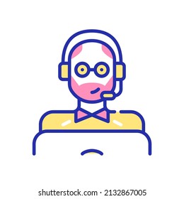 Middle aged man wearing a headset and working as a call center agent at a laptop. Pixel perfect, editable stroke fun color icon 