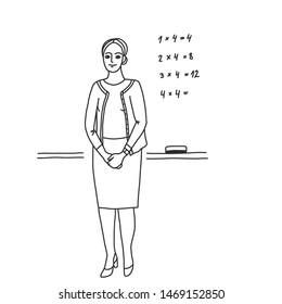 A middle aged math teacher is standing in front of the class. Back to school. The first day of the school new year. Repetition of the multiplication table. Black and white vector illustration.