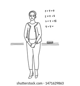 A middle aged math teacher is standing in front of the class. Back to school. The first day of the school new year. Repetition of the multiplication table. Black and white vector illustration.