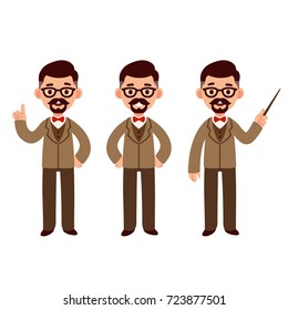 Middle aged professor character set with suit and bow tie. Standing, smiling and pointing. Cute cartoon vector illustration.