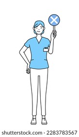 Middle aged, Senior Female nurse, physical therapist, occupational therapist, speech therapist, nursing assistant in Uniform holding a placard with an X indicating incorrect answer, Vector Illustratio