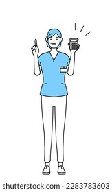 Middle aged, Senior Female nurse, physical therapist, occupational therapist, speech therapist, nursing assistant in Uniform holding a calculator and pointing, Vector Illustration