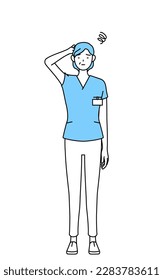 Middle aged, Senior Female nurse, physical therapist, occupational therapist, speech therapist, nursing assistant in Uniform scratching her head in distress, Vector Illustration