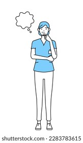Middle aged, Senior Female nurse, physical therapist, occupational therapist, speech therapist, nursing assistant in Uniform thinking while scratching her face, Vector Illustration