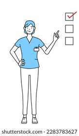 Middle aged, Senior Female nurse, physical therapist, occupational therapist, speech therapist, nursing assistant in Uniform pointing to a checklist, Vector Illustration