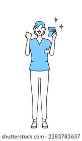 Middle aged, Senior Female nurse, physical therapist, occupational therapist, speech therapist, nursing assistant in Uniform who is pleased to see a bankbook, Vector Illustration