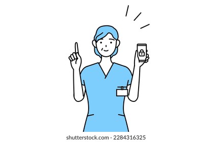 Middle aged, Senior Female nurse, physical therapist, occupational therapist, speech therapist, nursing assistant in Uniform taking security measures for her phone, Vector Illustration