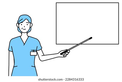 Middle aged, Senior Female nurse, physical therapist, occupational therapist, speech therapist, nursing assistant in Uniform pointing at a whiteboard with an indicator stick, Vector Illustration