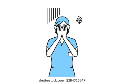 Middle aged, Senior Female nurse, physical therapist, occupational therapist, speech therapist, nursing assistant in Uniform covering her face in depression, Vector Illustration