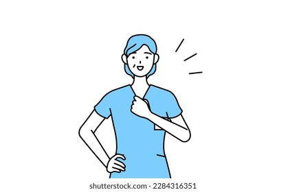 Middle aged, Senior Female nurse, physical therapist, occupational therapist, speech therapist, nursing assistant in Uniform tapping her chest, Vector Illustration