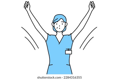 Middle aged, Senior Female nurse, physical therapist, occupational therapist, speech therapist, nursing assistant in Uniform doing radio calisthenics, preparation for accident prevention, Vector Illus