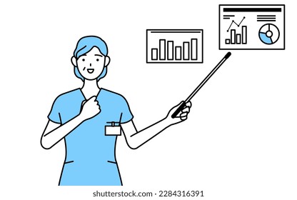 Middle aged, Senior Female nurse, physical therapist, occupational therapist, speech therapist, nursing assistant in Uniform analyzing a performance graph, Vector Illustration