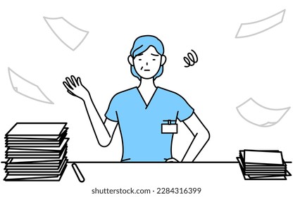 Middle aged, Senior Female nurse, physical therapist, occupational therapist, speech therapist, nursing assistant in Uniform who is fed up with her unorganized business, Vector Illustration