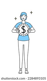Middle aged, Senior Female nurse, physical therapist, occupational therapist, speech therapist, nursing assistant in Uniform with images of foreign exchange gains and dollar appreciation, Vector Illus