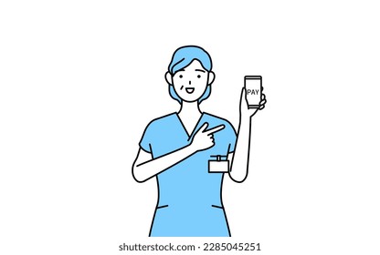 Middle aged, Senior Female nurse, physical therapist, occupational therapist, speech therapist, nursing assistant in Uniform recommending cashless online payments on a smartphone, Vector Illustration