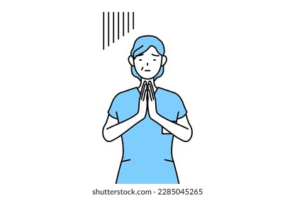 Middle aged, Senior Female nurse, physical therapist, occupational therapist, speech therapist, nursing assistant in Uniform apologizing with her hands in front of her body, Vector Illustration
