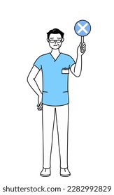 Middle aged, Senior Male nurse, physical therapist, occupational therapist, speech therapist, nursing assistant in Uniform holding a placard with an X indicating incorrect answer, Vector Illustration